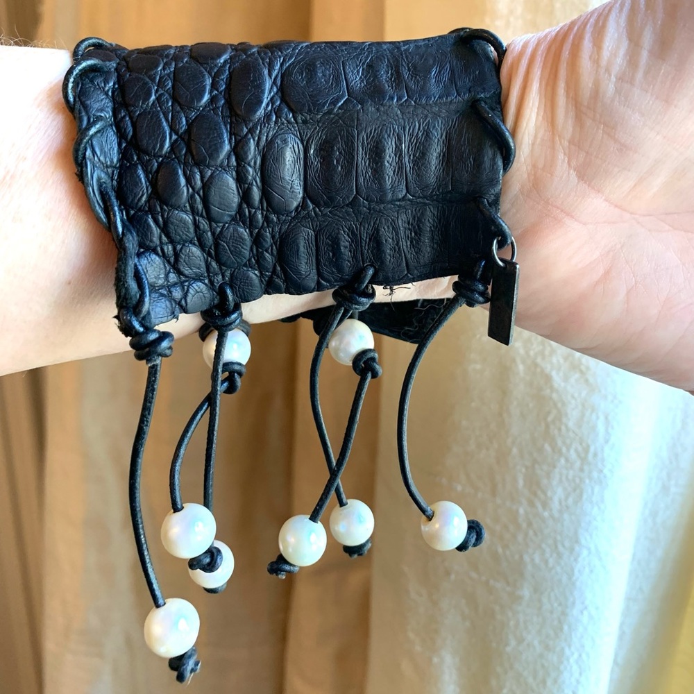 Sweet Olive Black Crocodile with Large Freshwater Pearls Boho Cuff